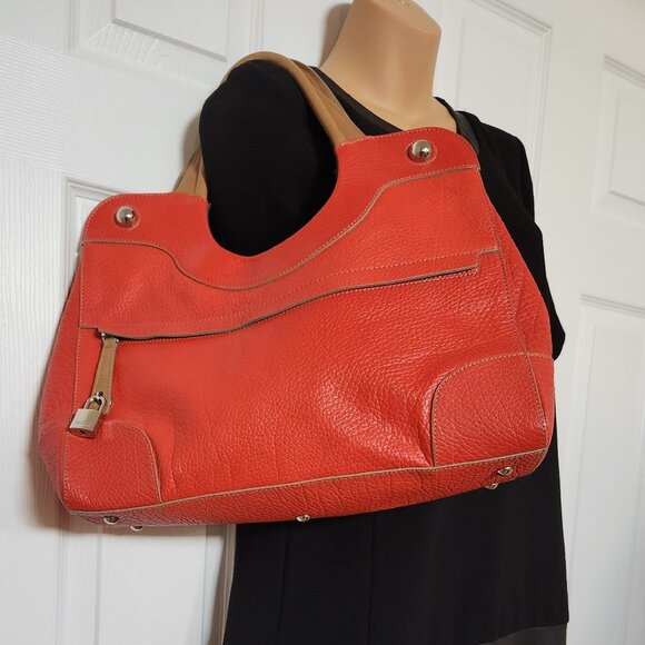 FURLA MY PIPER PEBBLED LEATHER LARGE TOP HANDLE BAG ORANGE GENTLY USED LIKE NEW - Picture 6 of 12